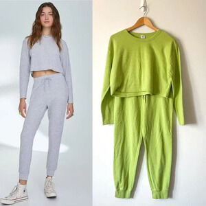 Aritiza Sunday Best Thermal Waffle Knit Jogger & Crewneck Sweater Set Green Sz M